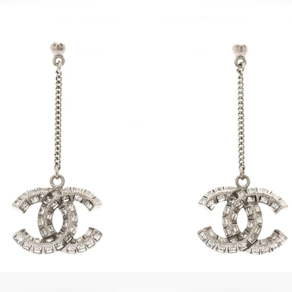 CHANEL  Baguette Crystal CC Drop Earrings Silver